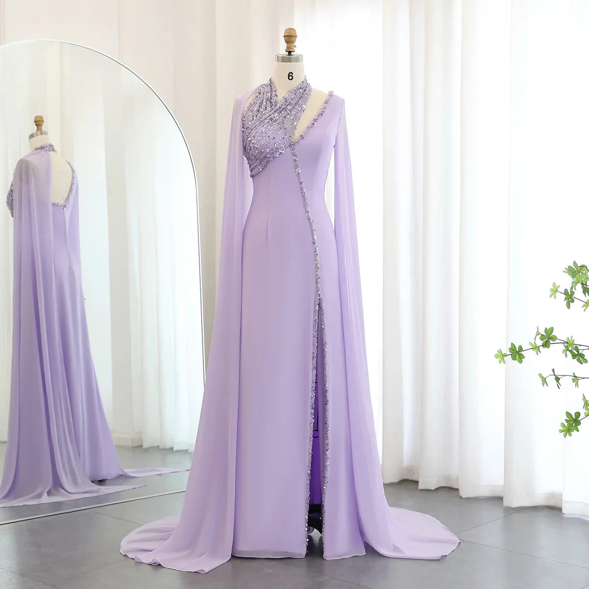 Turquoise Green Chiffon Dubai Evening Dress with Cape Sleeves Luxury Beaded Arabic Women Wedding Party Gowns SS474