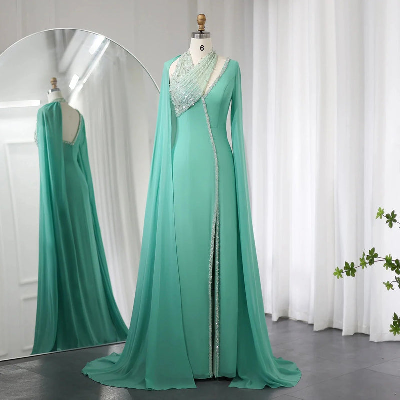 Turquoise Green Chiffon Dubai Evening Dress with Cape Sleeves Luxury Beaded Arabic Women Wedding Party Gowns SS474