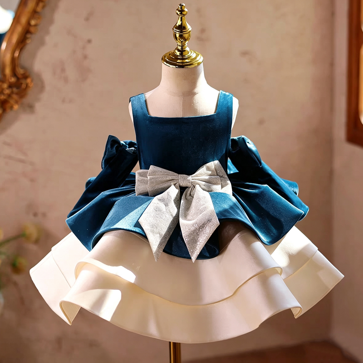 Turquoise Velvet and Lace Girls Dress J926