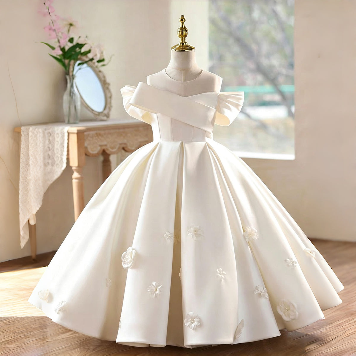 White Flower Girl Dress for Girls 3D Flower Ball Gown for Wedding D336