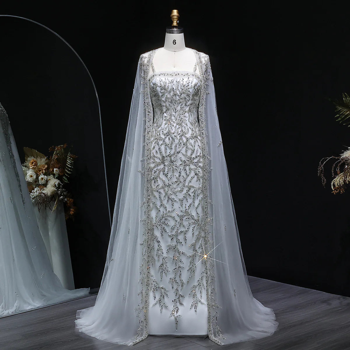 Glamorous Beaded Evening Dress with Sheer Overlay Cape SS393