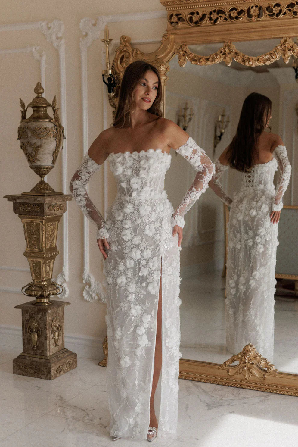 Luxury White 3D Flower Sequin Wedding Gown with Removable Puff Sleeves SW085
