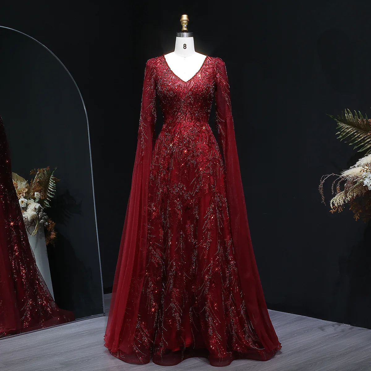 Luxury Wine Red Crystal Beaded Mermaid Evening Dress with Cape Sleeves SS093