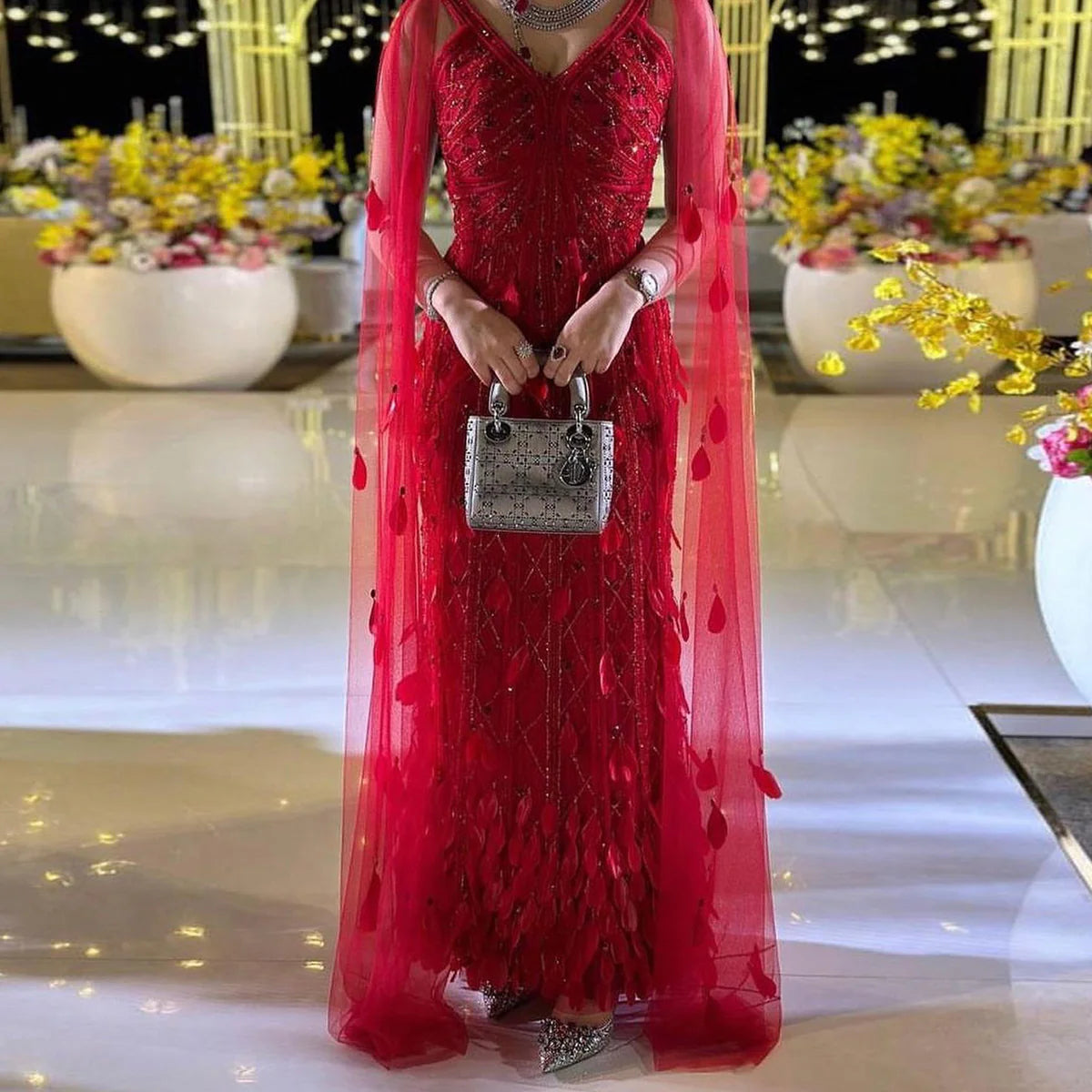 Elegant Burgundy Beaded Evening Dress with Feathers and Cape Sleeves SS283
