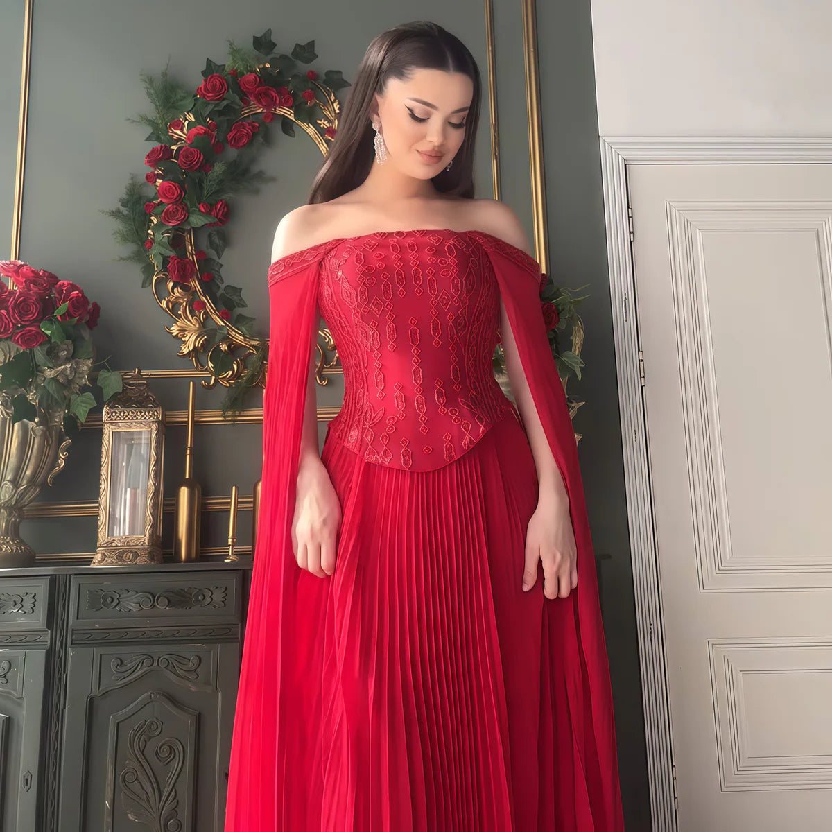 Wine Red Beaded Corset with Elegant Cape Sleeves Evening Dress SS349