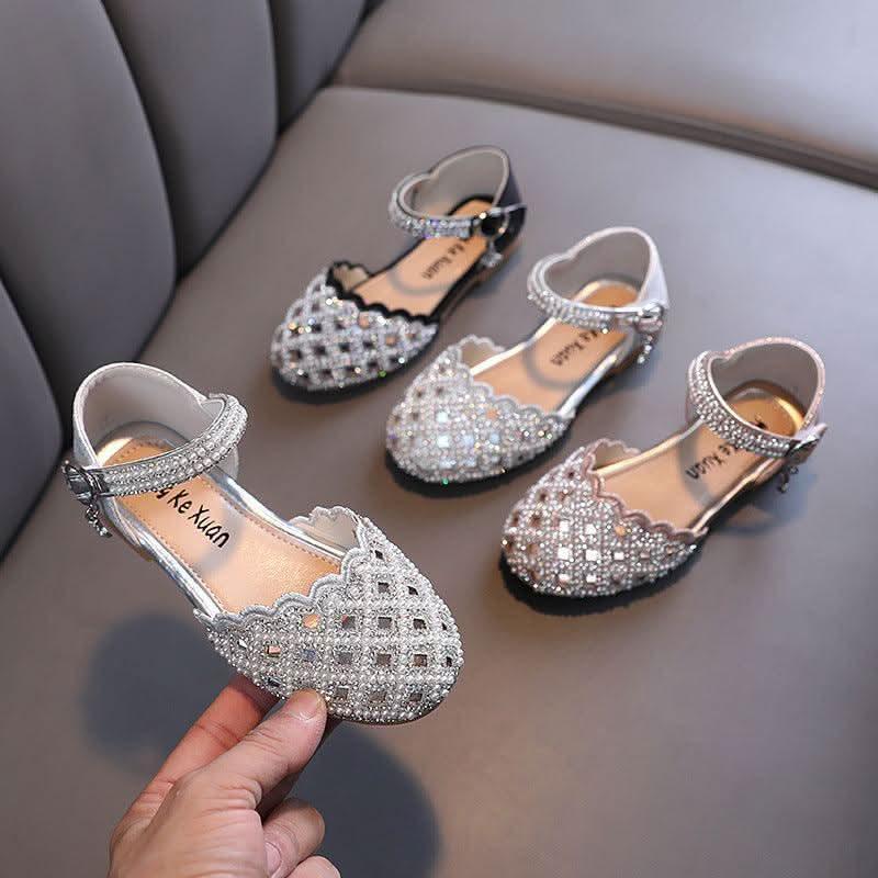 Girls rhinestone pearl ankle strap flats - view 1