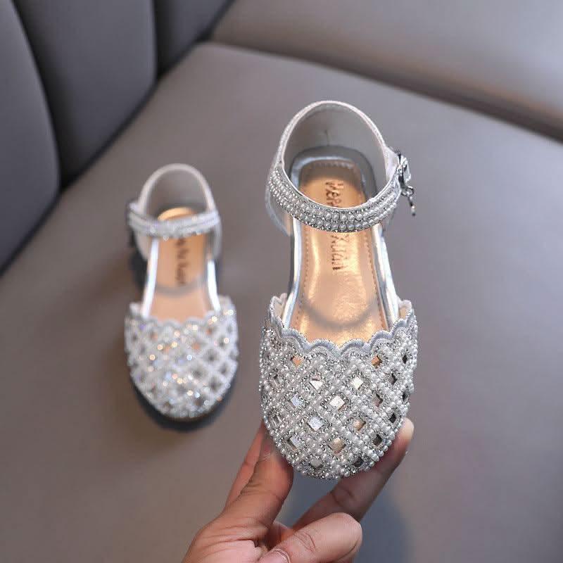 Girls rhinestone pearl ankle strap flats - view 2