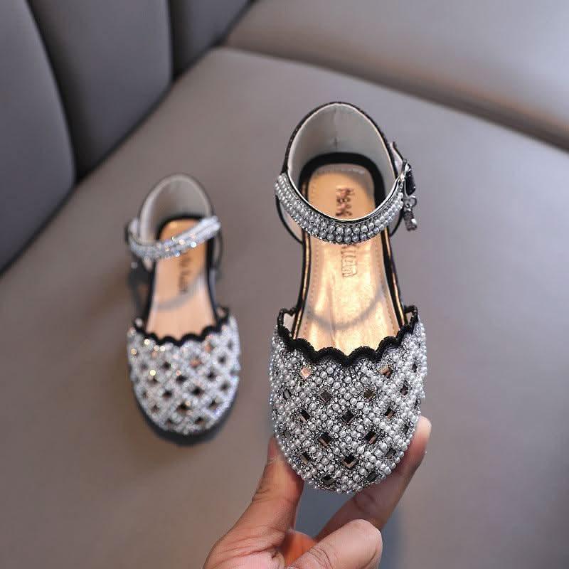 Girls rhinestone pearl ankle strap flats - view 3