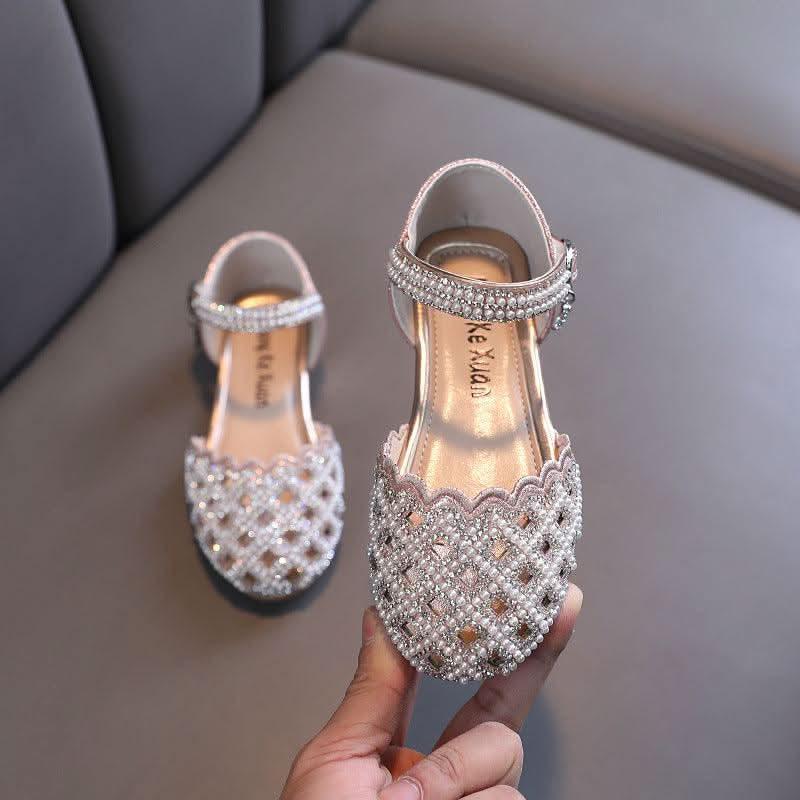 Girls rhinestone pearl ankle strap flats - view 4
