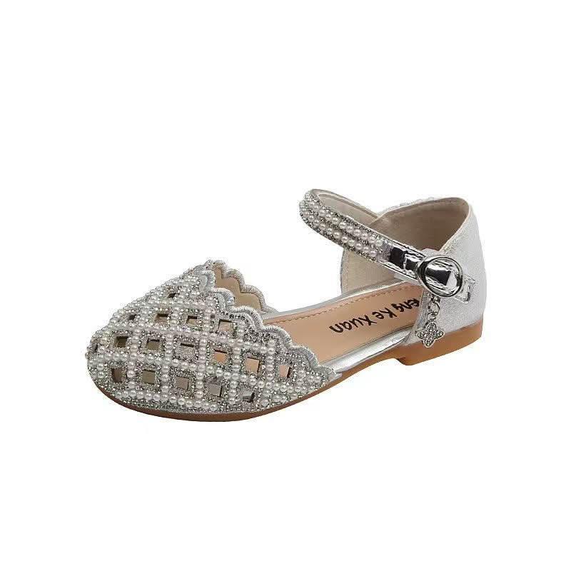 Girls rhinestone pearl ankle strap flats - view 5