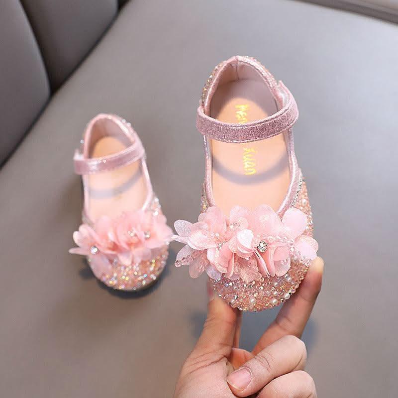 Girls floral rhinestone ankle strap flats - view 1