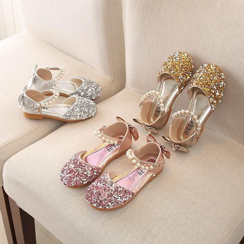 Girls glitter pearl bow ankle strap flats - view 1