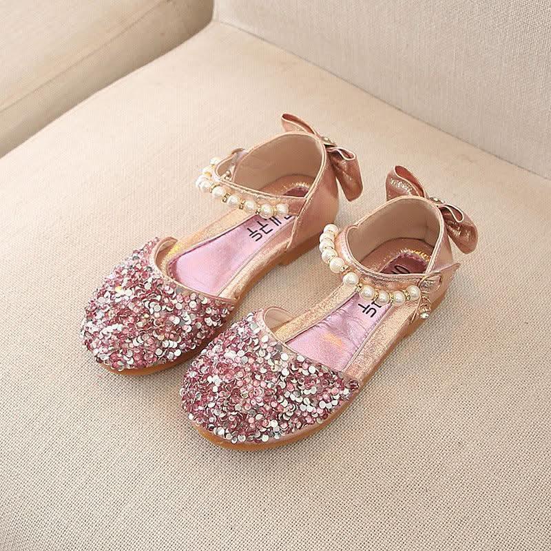 Girls glitter pearl bow ankle strap flats - view 2