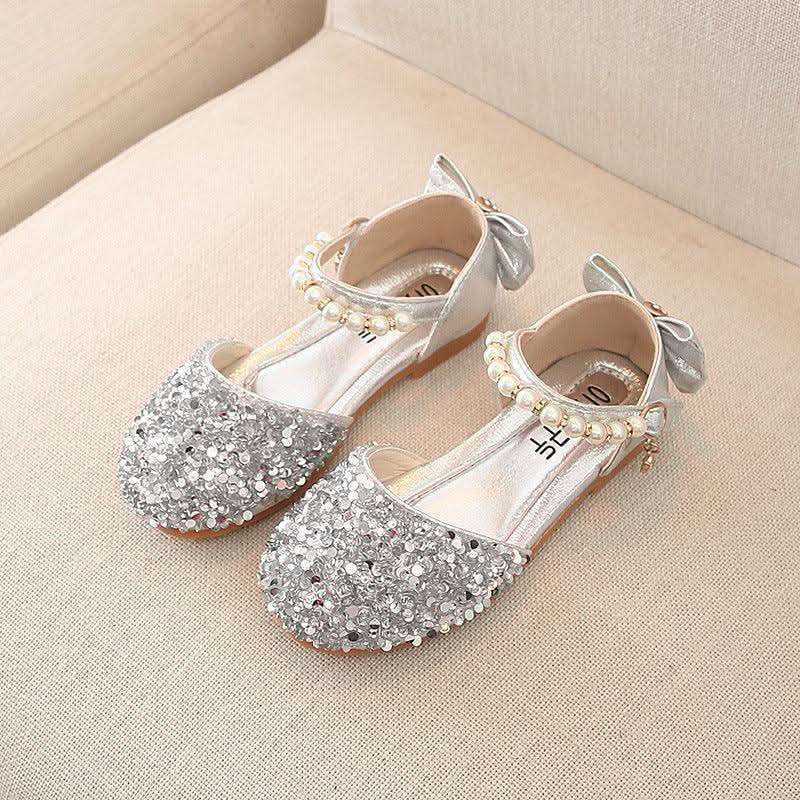 Girls glitter pearl bow ankle strap flats - view 3
