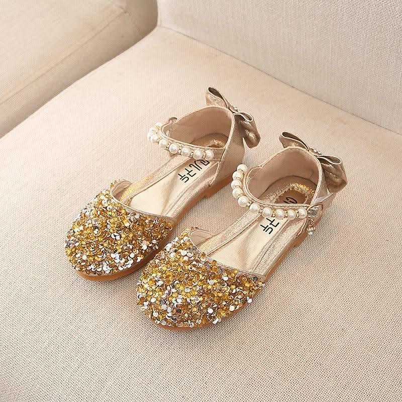 Girls glitter pearl bow ankle strap flats - view 4
