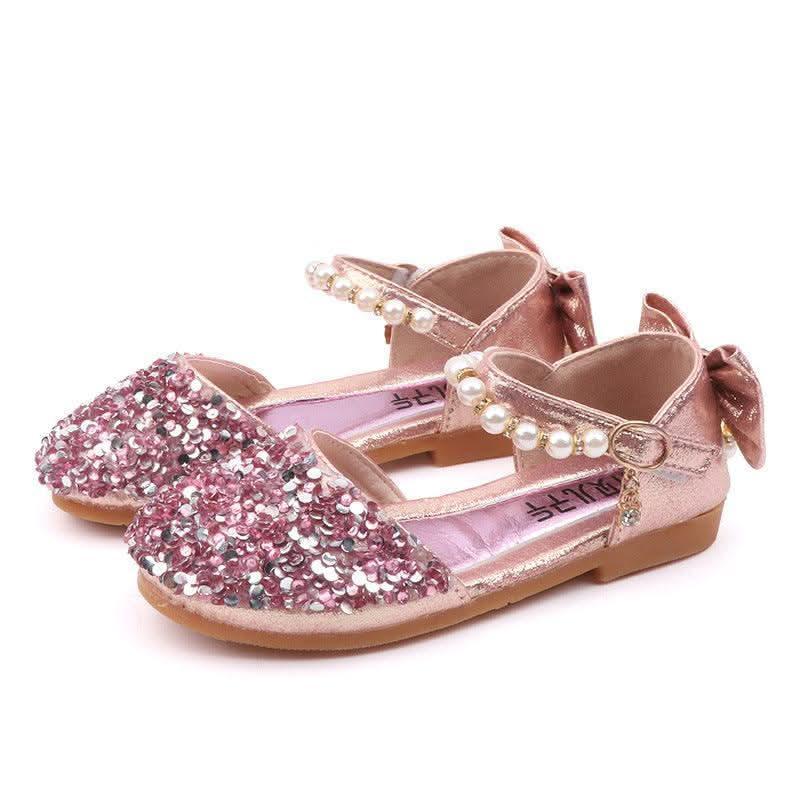 Girls glitter pearl bow ankle strap flats - view 5