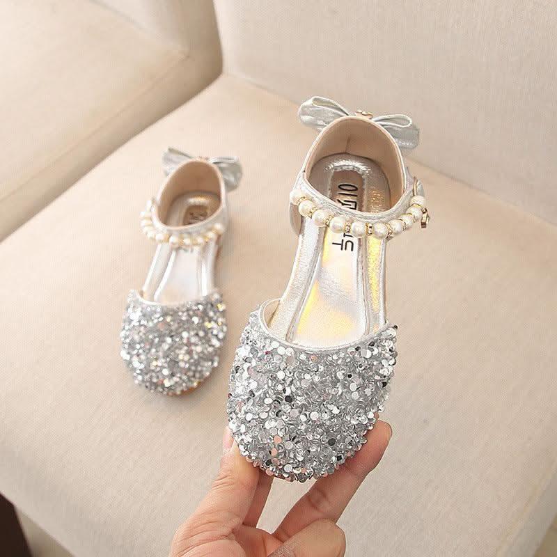 Girls glitter pearl bow ankle strap flats - view 7