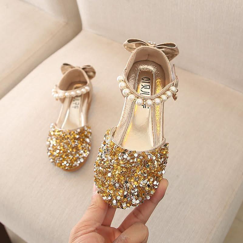Girls glitter pearl bow ankle strap flats - view 8