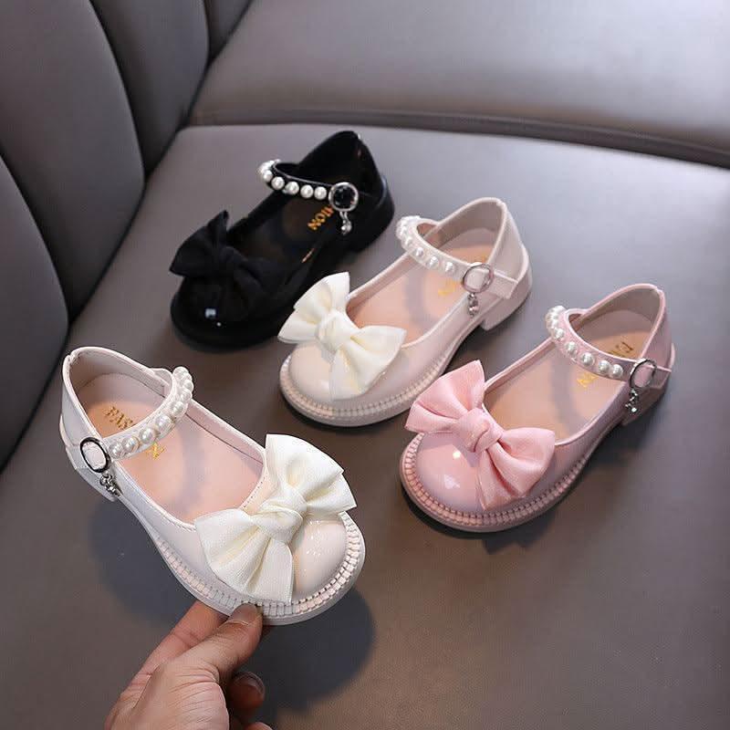 Girls pearl bow ankle strap flats - view 1