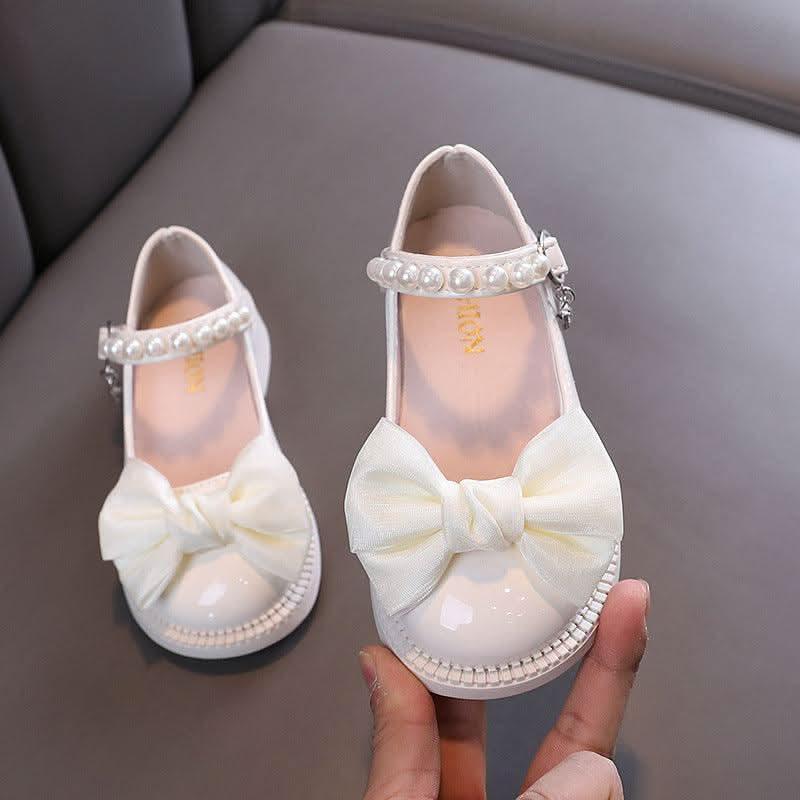 Girls pearl bow ankle strap flats - view 2