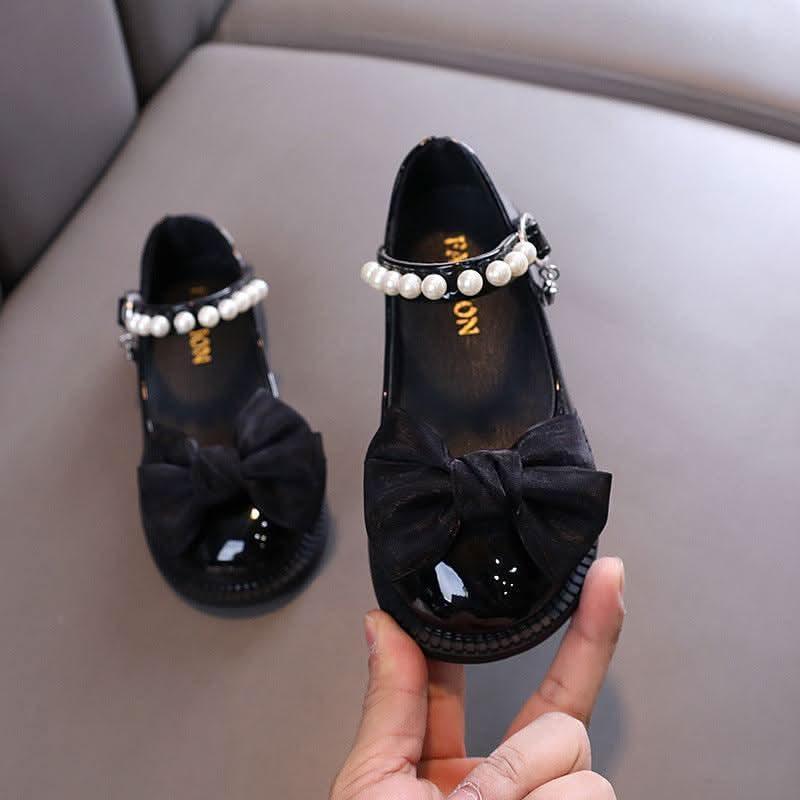 Girls pearl bow ankle strap flats - view 3