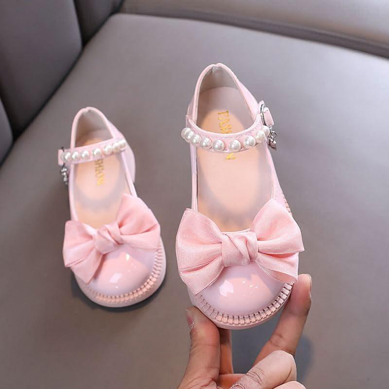 Girls pearl bow ankle strap flats - view 4