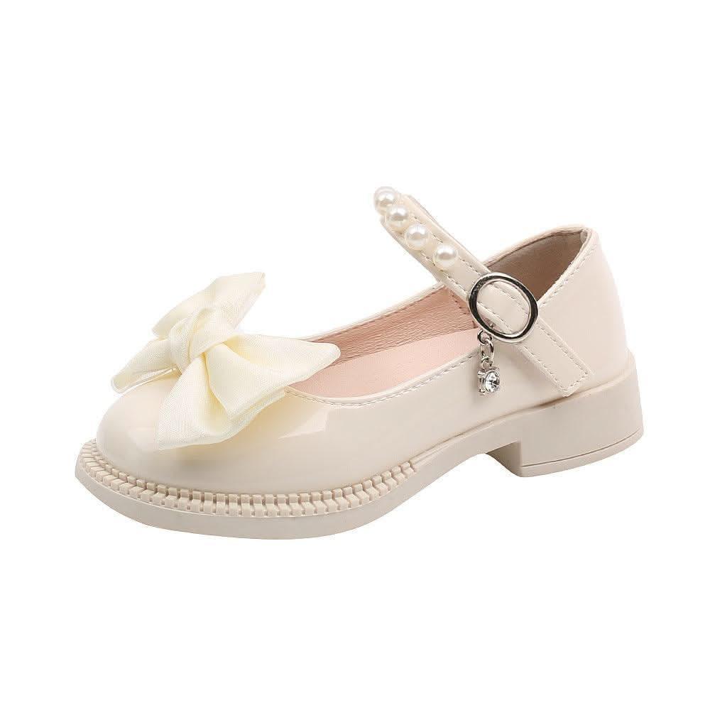 Girls pearl bow ankle strap flats - view 5
