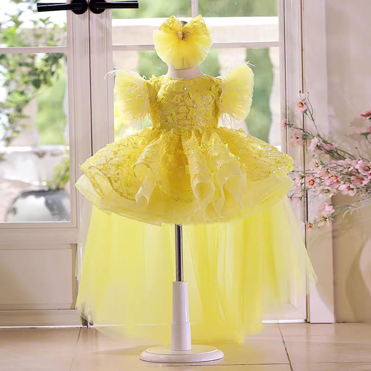 Jill Sequined Feathers Flower Girl Dress With Trailing D064
