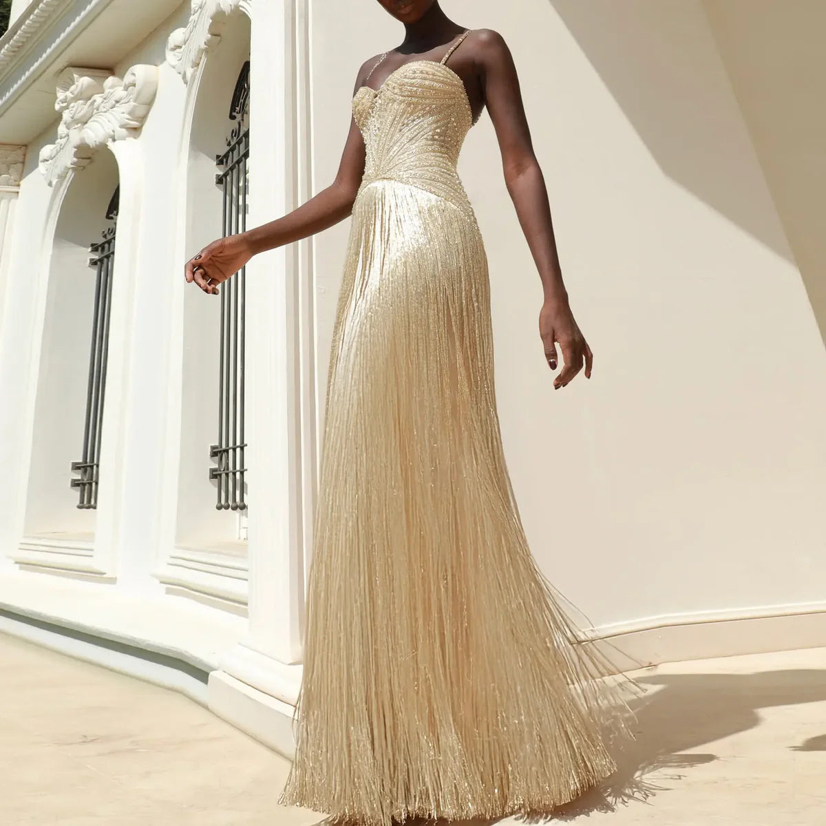 Stunning Beaded Evening Dress with Column Silhouette and Floor-Length Tassels SS522