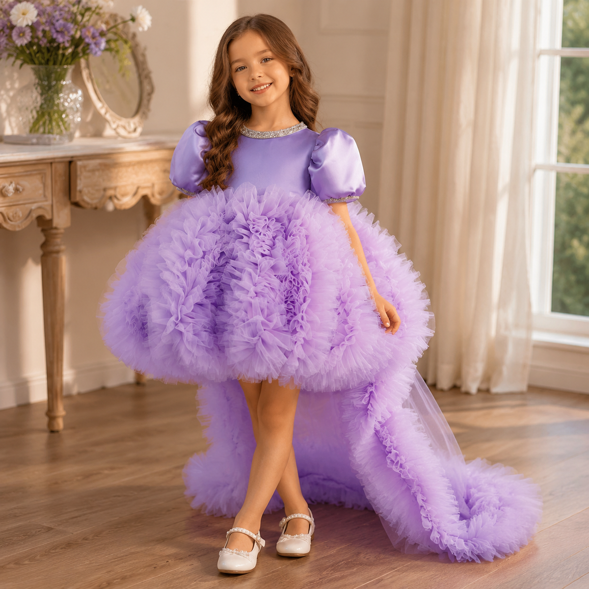 Lavender Flower Girl Dress for Girls Crystal Neckline Tulle Ball Gown for Party J915