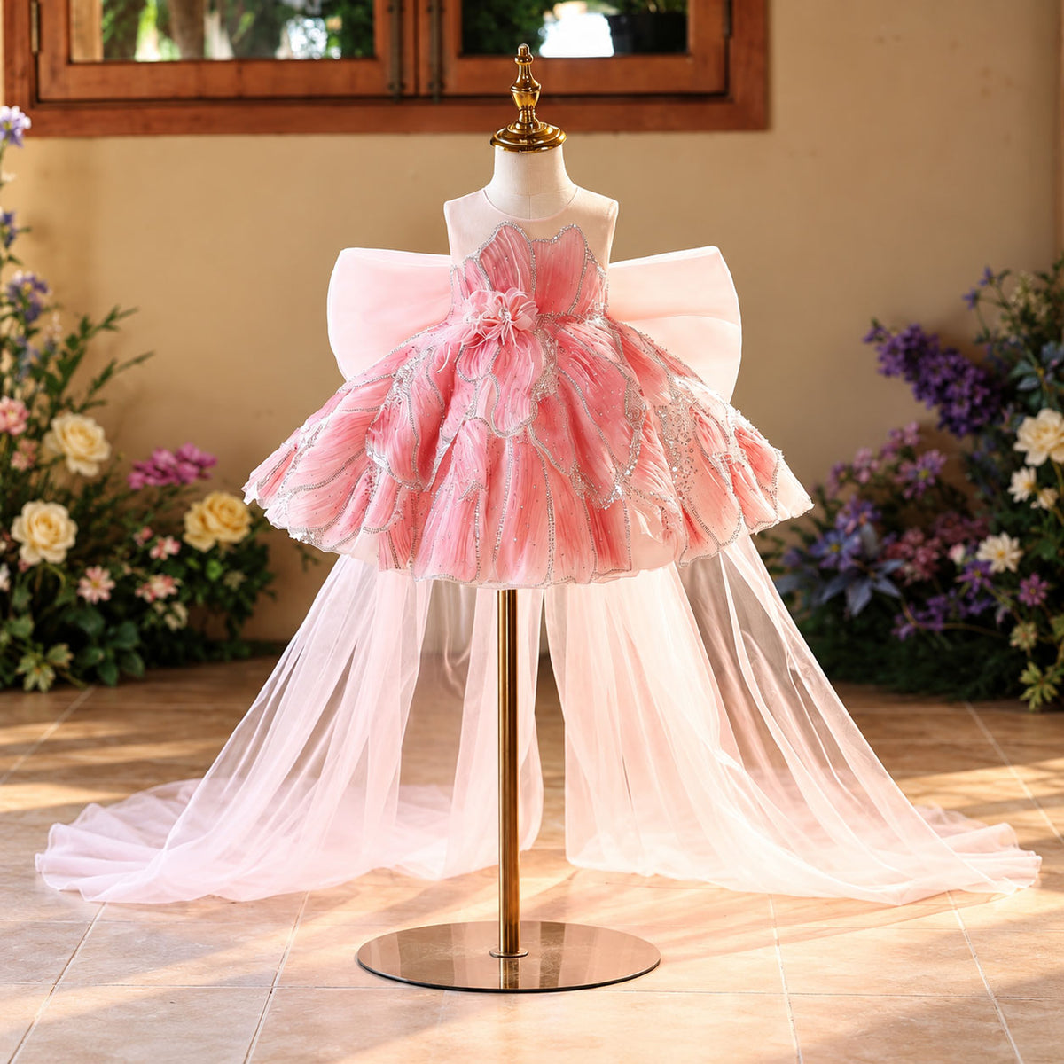 Pink Floral Tulle Girls Birthday Dress with Bow D022