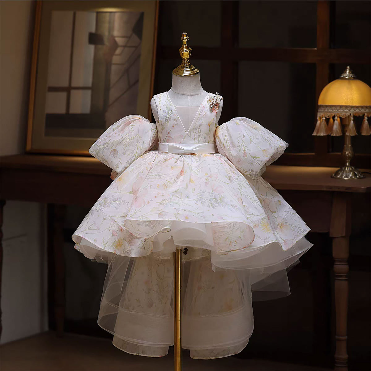 Beige Trailing Flower Girl Dress Wedding Birthday Party Prom Dress D129