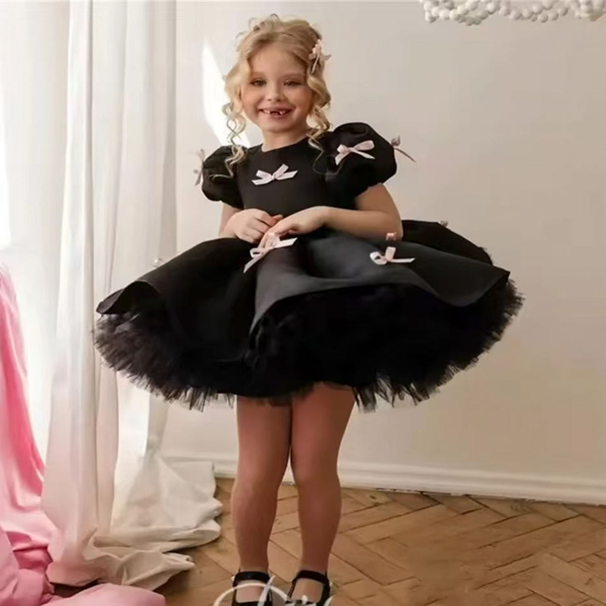 Black Princess Girl Dress Knee Length Kids Birthday Party Gown D173