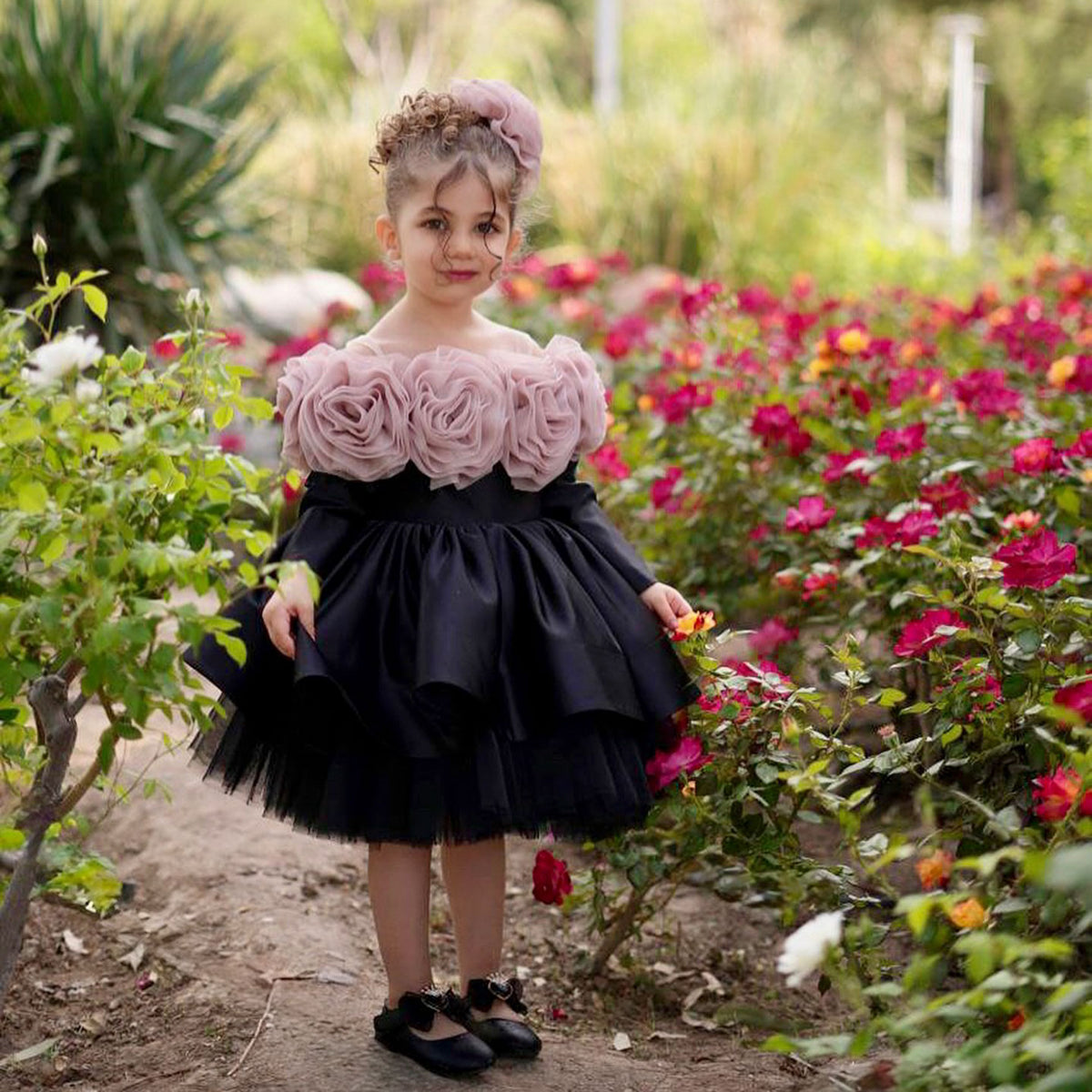Black Off Shoulder Flower Girl Dress with 3D Flower Princess Party Ball Dress D134