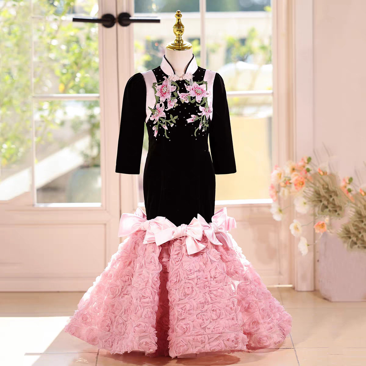 Black Girl Dress Bows Princess Birthday Pageant Party Gown J603