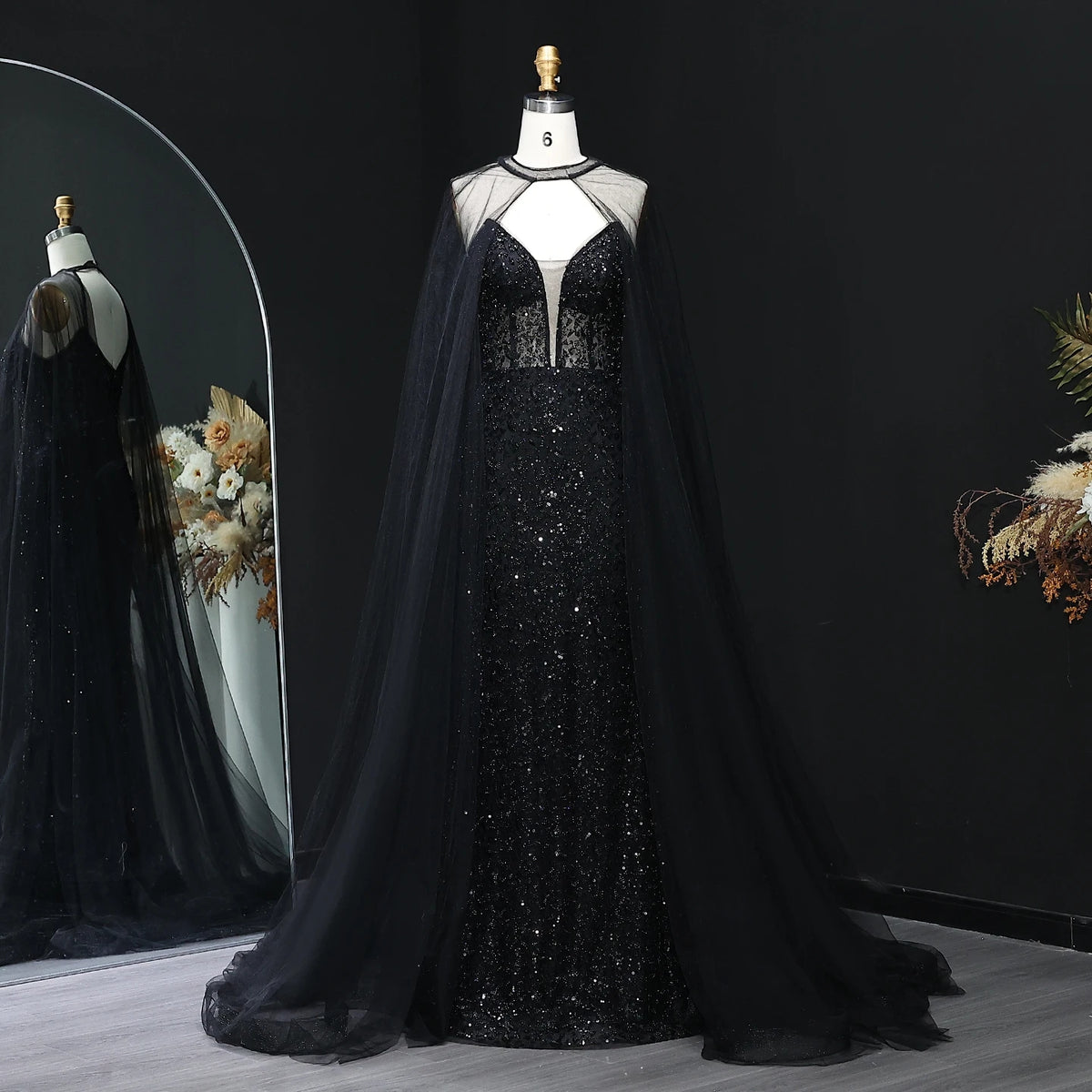 Jill Wish Elegant Crystal Beaded Evening Dress With Cape SS658