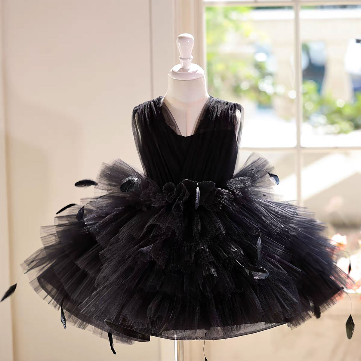 Black Toddler Gown with Strappy Back Tulle Overlay Flower Girl Dress D139