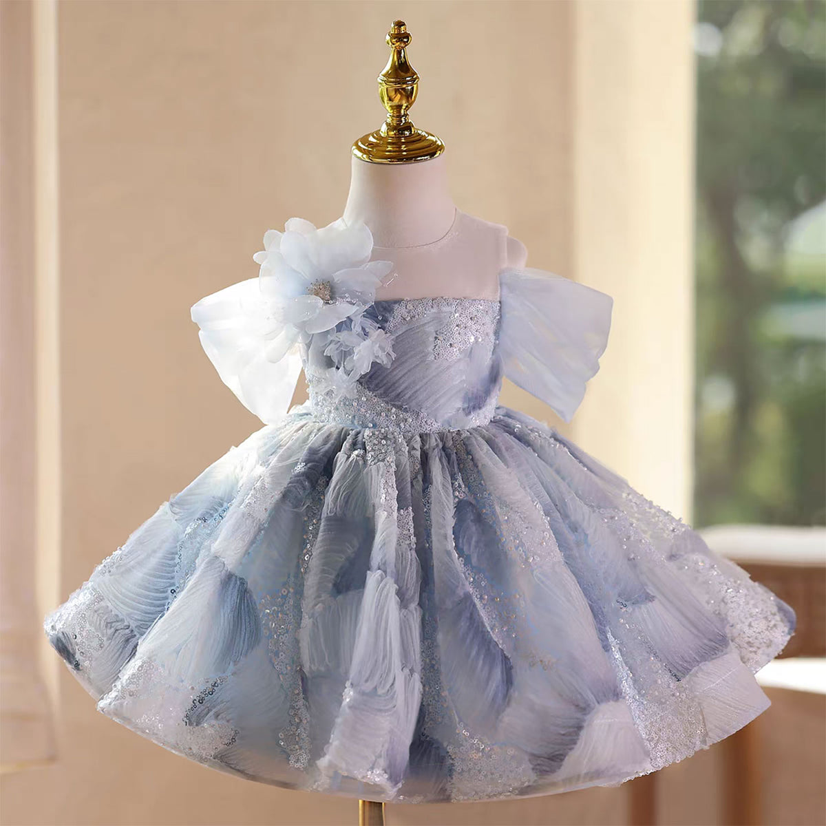 Blue Flower Girl Dress with Floral and Lace Formal Party Prom Dress D132