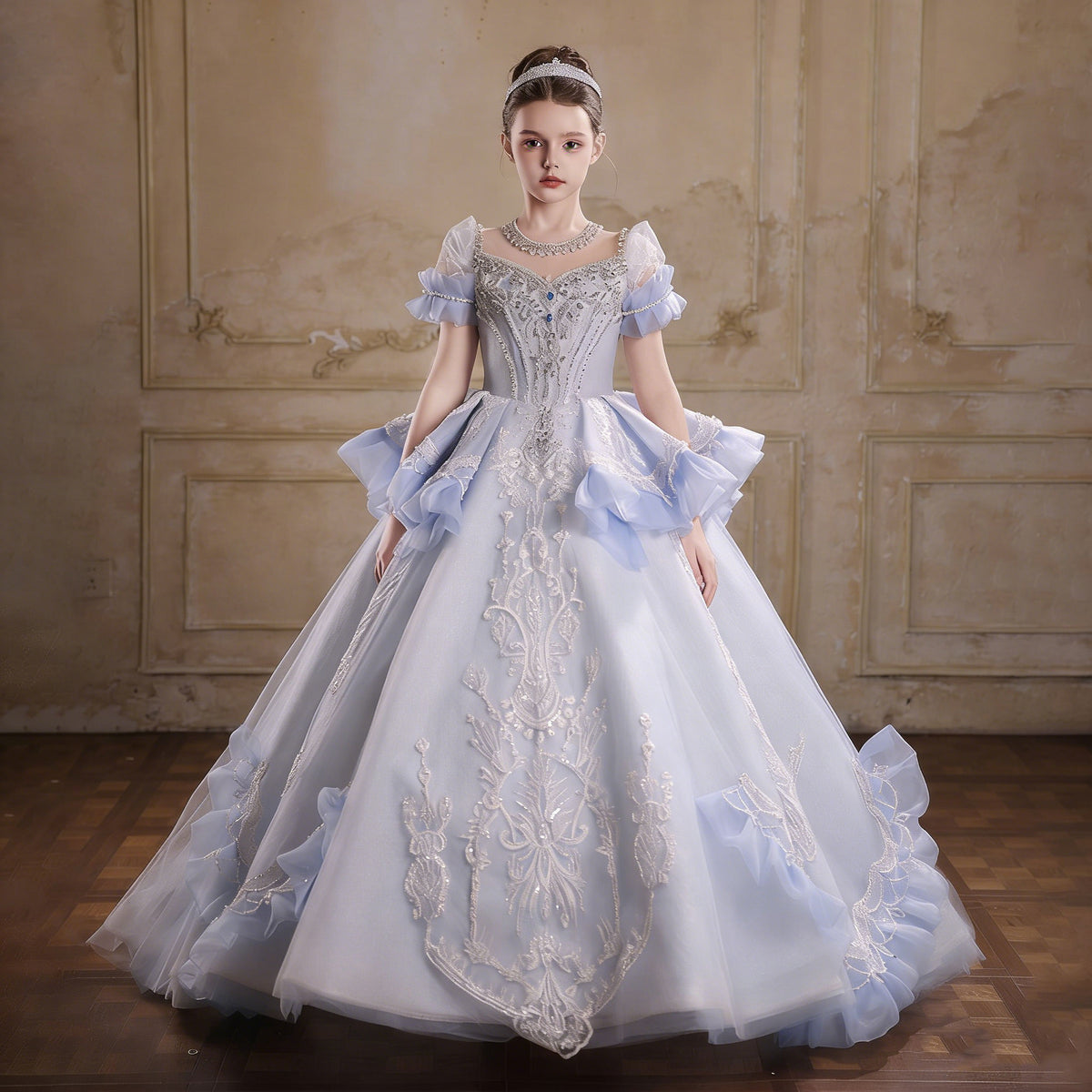 Blue Flower Girl Dress for Girls Lace Ball Gown with Embroidery for Formal Event J054