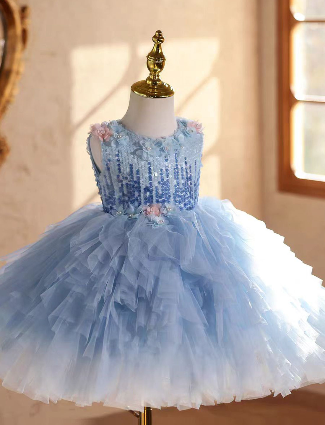 Luxury Blue Girl Dress Beaded Flowers Princess Birthday Gown J839 – Jill Wish