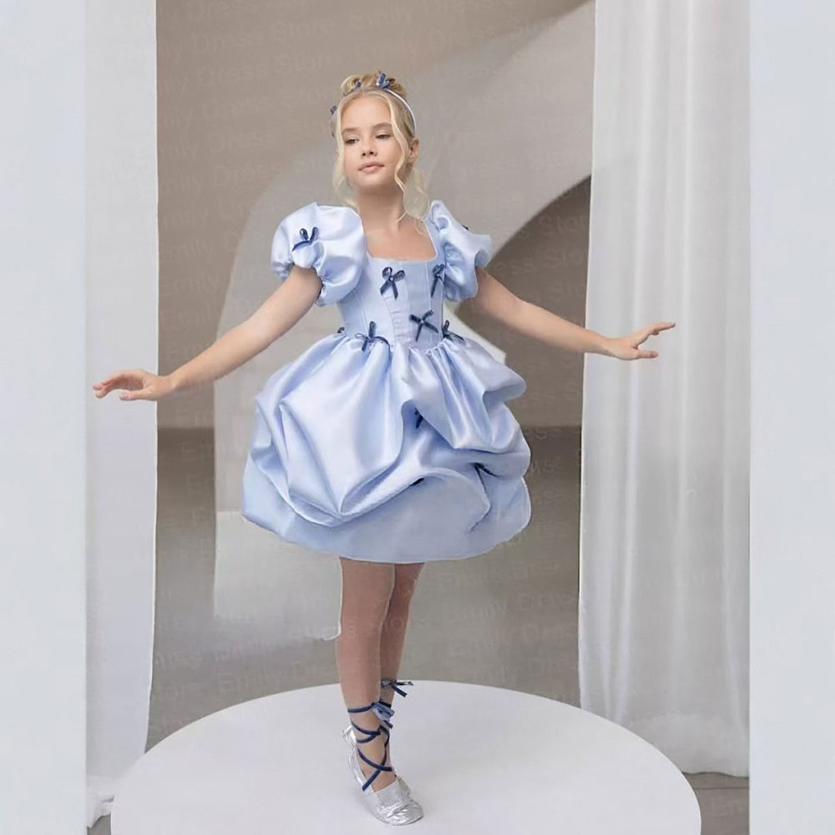 Jill Wish Square Neck Short Sleeve Bowknot Satin Flower Girl Dress D100