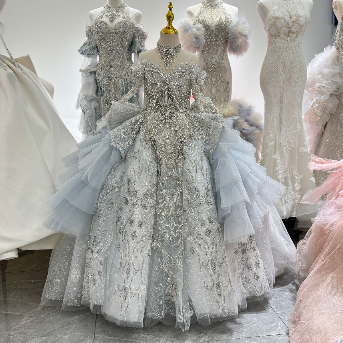 Luxury Blue Kids Wedding Dress Beaded Crystal Sequined J080