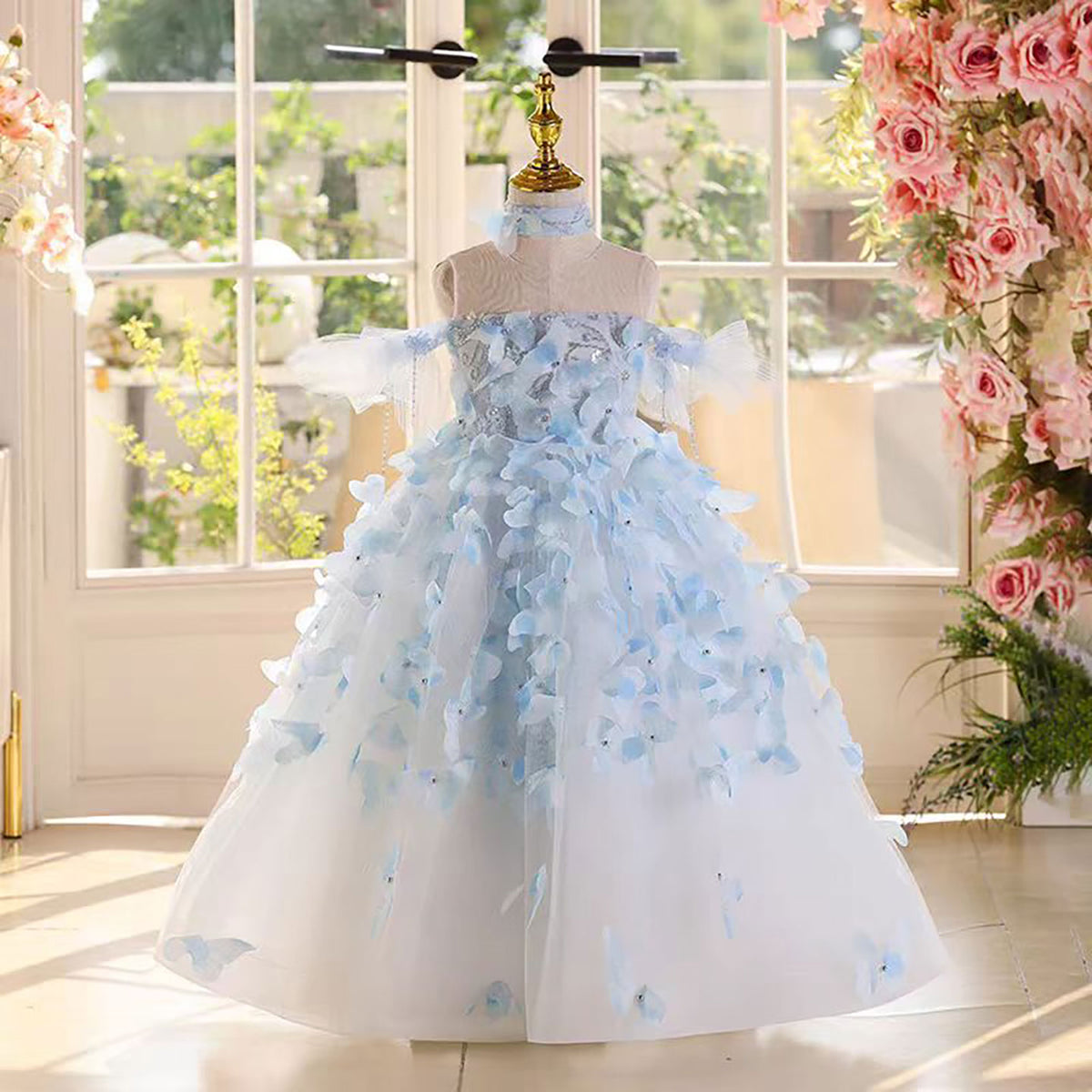 Jill Butterfly Beaded Blue Off Shoulder Flower Girl Dress D101