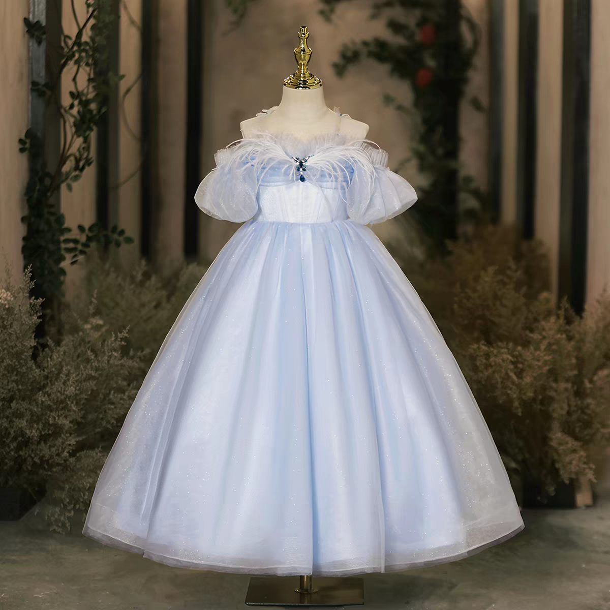 Girls' Blue Ball Gown Off-Shoulder Feather Sleeve Dress with Sparkle Tulle Skirt J617