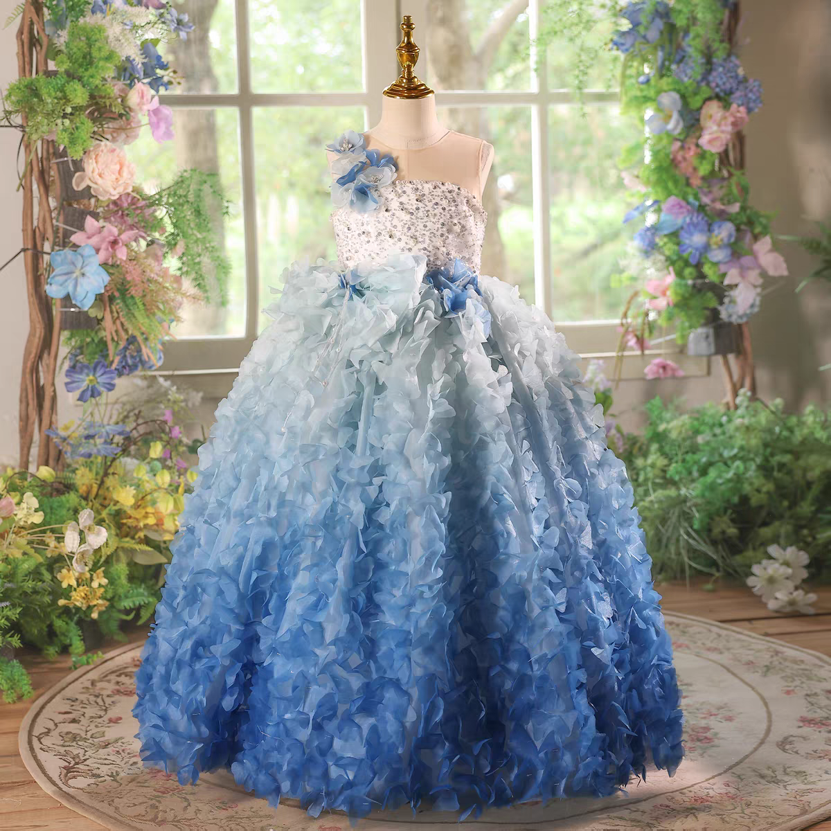 Girls' Blue Ball Gown One Shoulder Sequin Bodice with Ruffled Petal Skirt J615