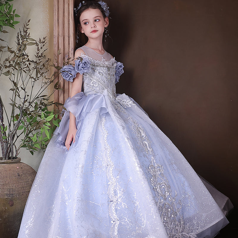 Luxury Blue Girl Dress Beaded Princess Kids Birthday Pageant Gown J200
