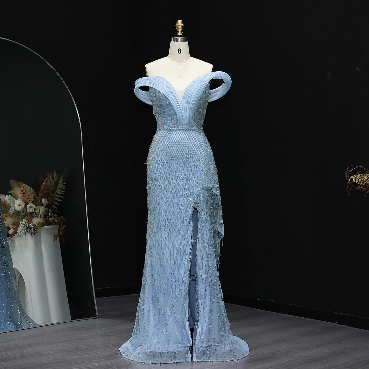 Sparkling Off-Shoulder Luxury Evening Dress with High Slit SS115