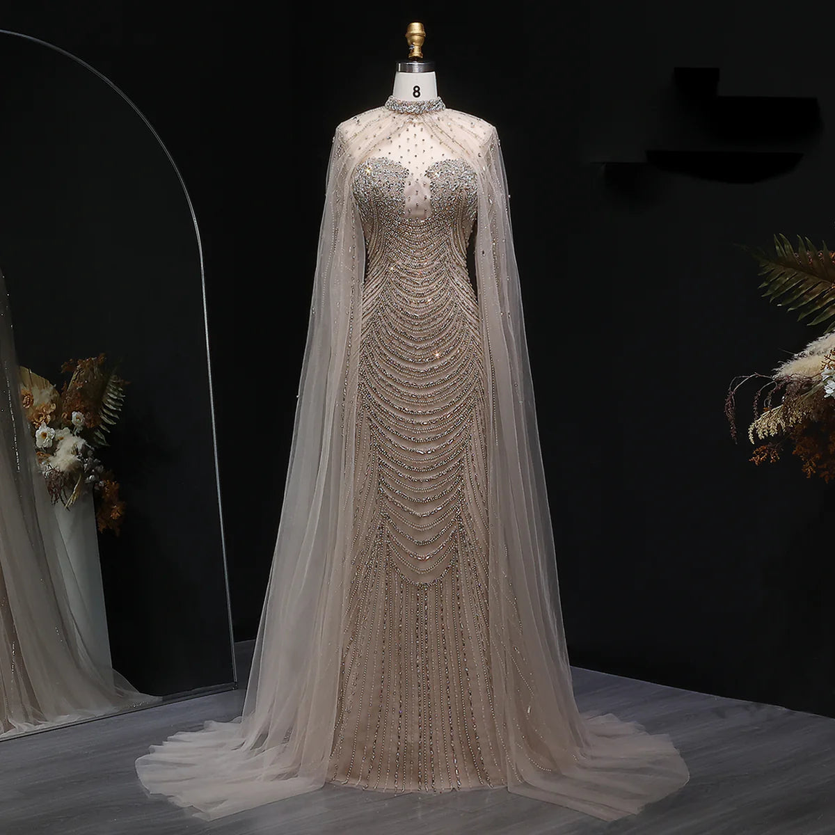 Luxury Off-Shoulder Beaded Gown with Transparent Cape SS165