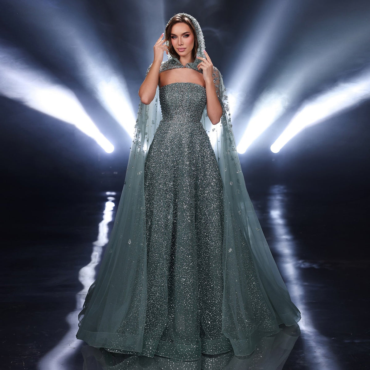 Luxury Sparkly Crystal Turquoise Evening Dress with Cape SS198