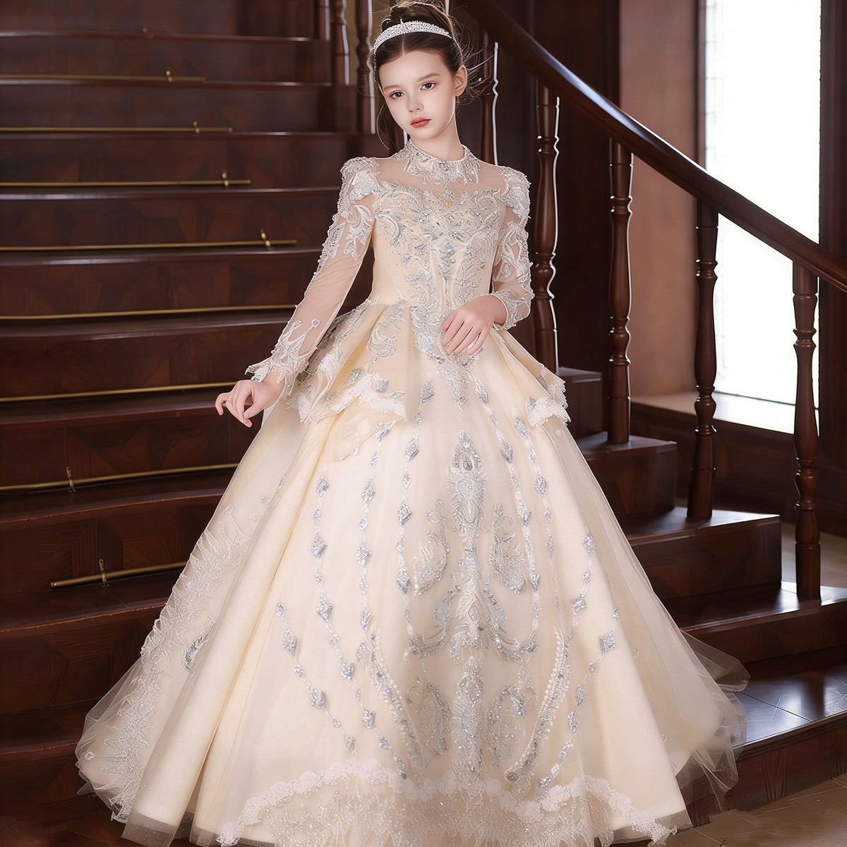 Luxurious Champagne Ball Gown with Intricate Beading Perfect for Formal Events J050